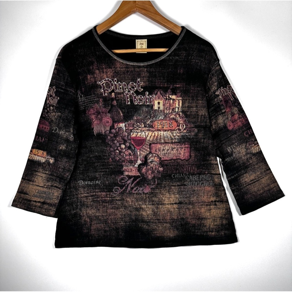 Jess and Jane Wine Print Top Large Black‎ Rhinestones Pinot Noir Casual Chic